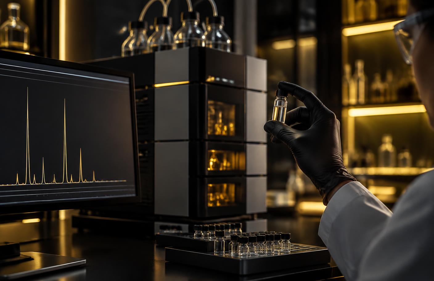 Analyst holding a research vial beside an HPLC purity trace